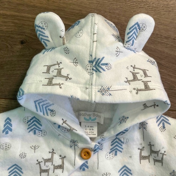 Feather Baby Woodland Deer and Trees Pima Cotton 3-6m Hooded Coverall Romper - Picture 3 of 6